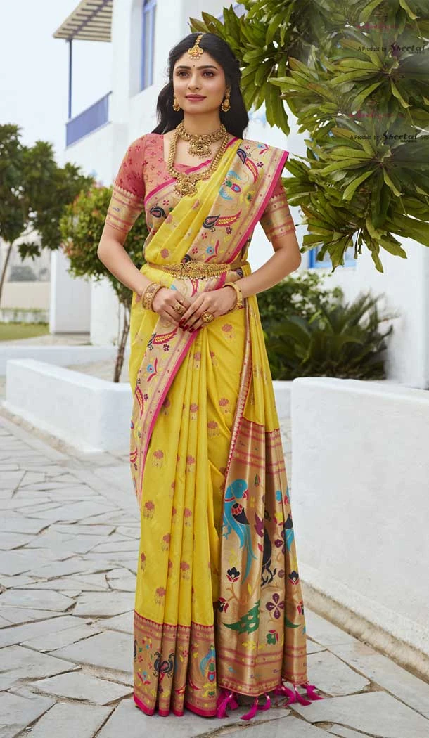 Yellow Paithani Silk Jacquard Traditional Wear Saree - 9538187923