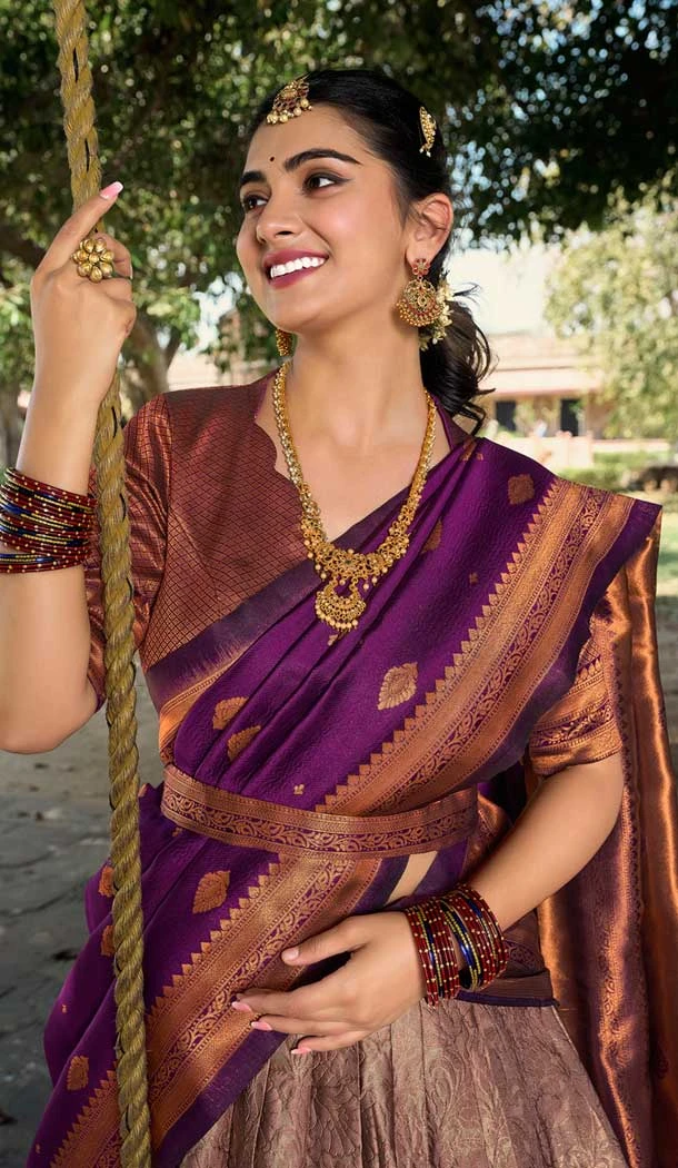 Jacquard Silk Weaving Work Party Wear Lehenga Choli In Brown - 9545187963