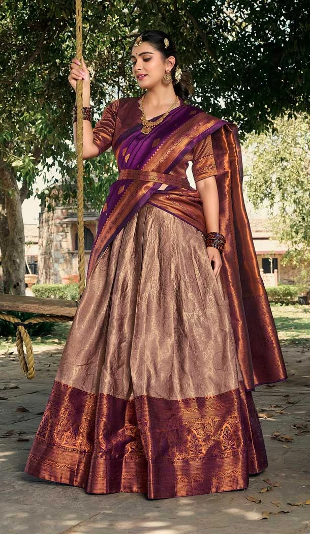 Jacquard Silk Weaving Work Party Wear Lehenga Choli In Brown - 9545187963