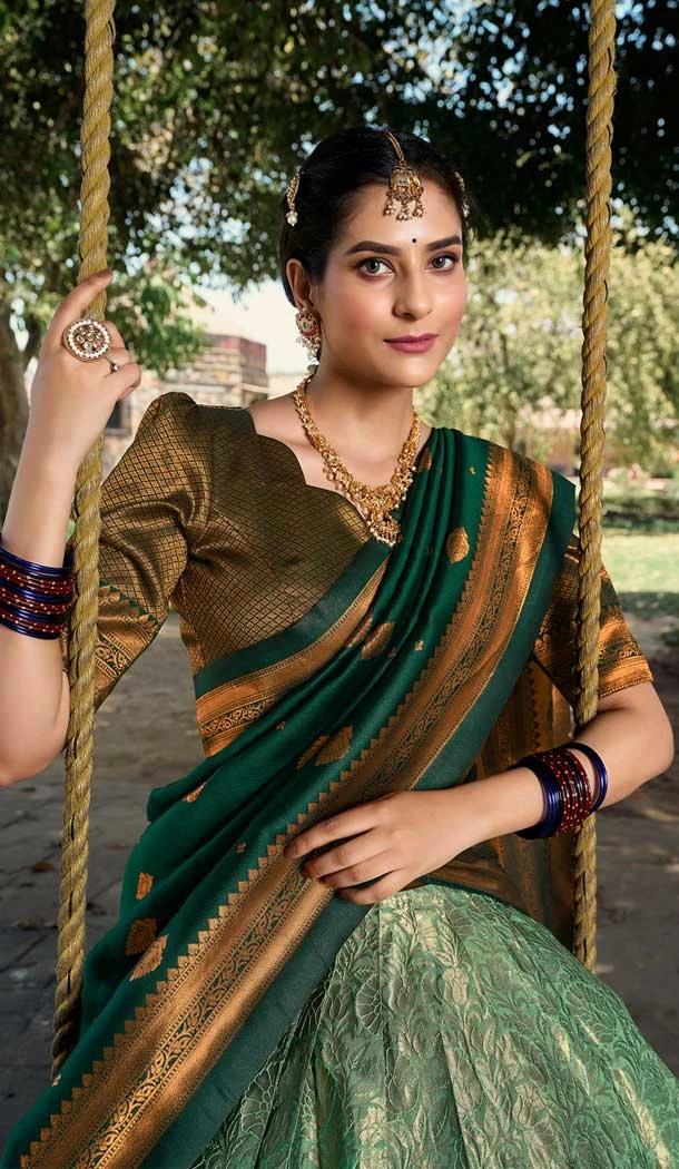 Jacquard Silk Weaving Work Party Wear Lehenga Choli In Lime Green - 9545187965
