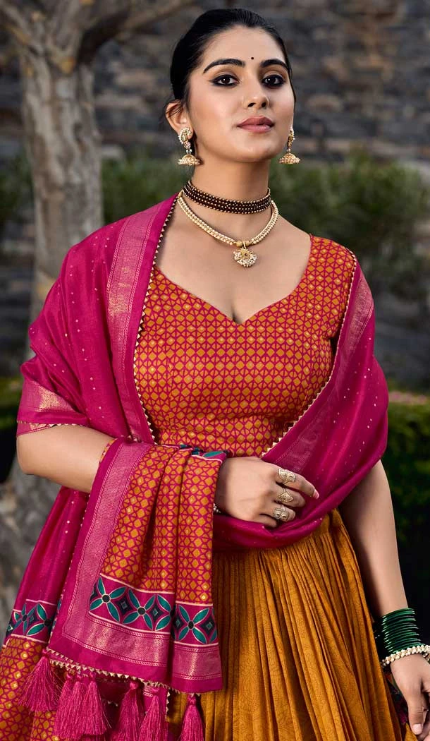 Yellow Tussar Silk Foil Print Work Traditional Lehenga Choli - 9546187967