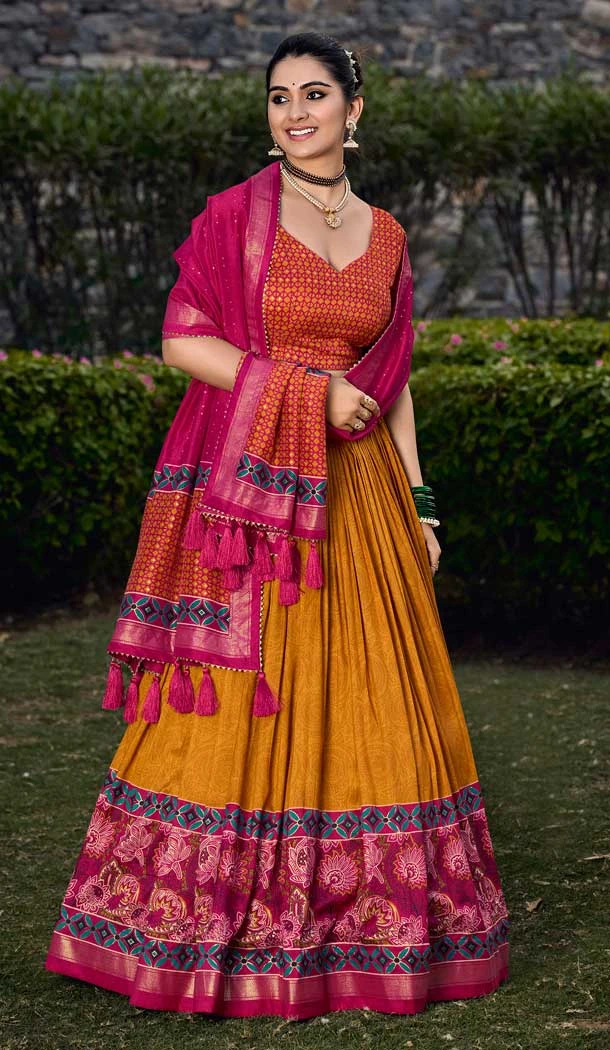 Yellow Tussar Silk Foil Print Work Traditional Lehenga Choli - 9546187967