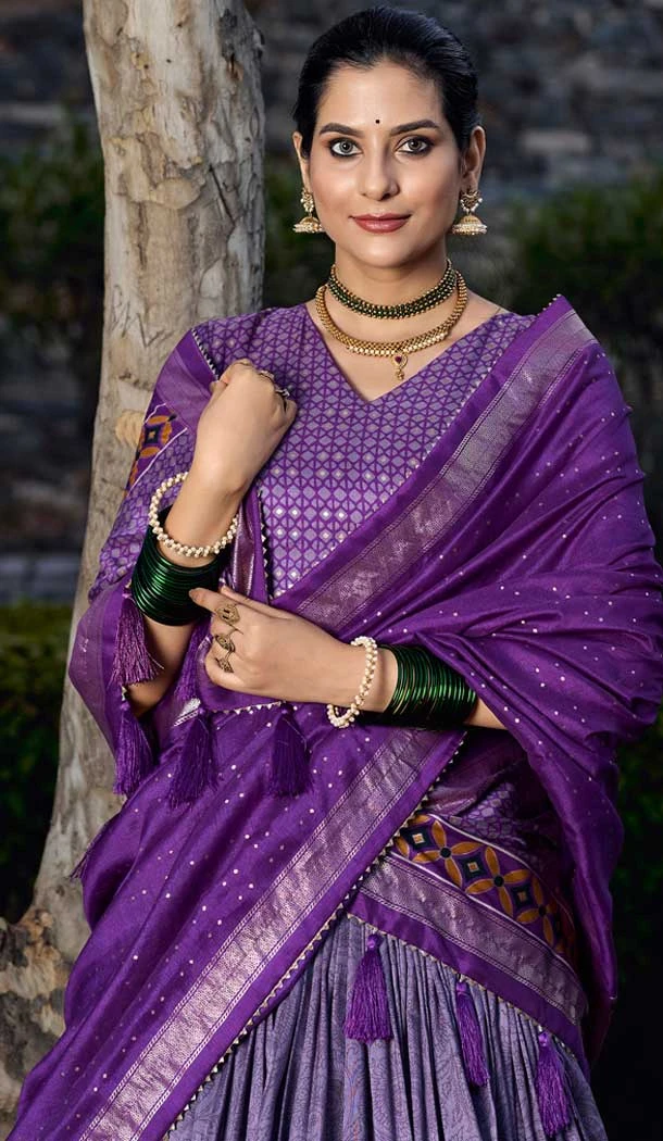 Violet Tussar Silk Foil Print Work Traditional Lehenga Choli - 9546187968