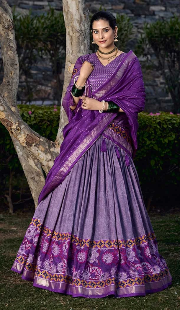 Violet Tussar Silk Foil Print Work Traditional Lehenga Choli - 9546187968