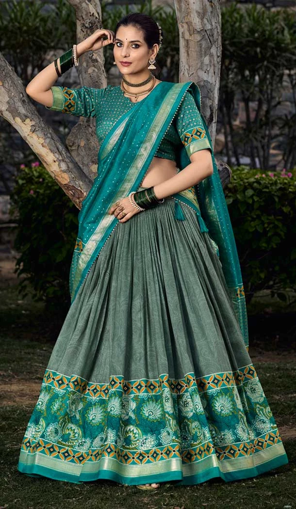 Green Tussar Silk Foil Print Work Traditional Lehenga Choli - 9546187969