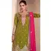 Silk Embroidered Pakistani Style Palazzo Plus Size Salwar Suit In Olive Green - 95671888079