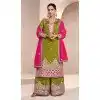 Silk Embroidered Pakistani Style Palazzo Plus Size Salwar Suit In Olive Green - 95671888079