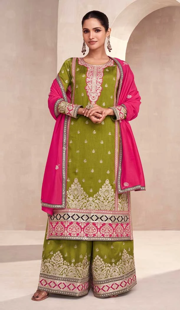 Silk Embroidered Pakistani Style Palazzo Salwar Suit In Olive Green - 95671888079