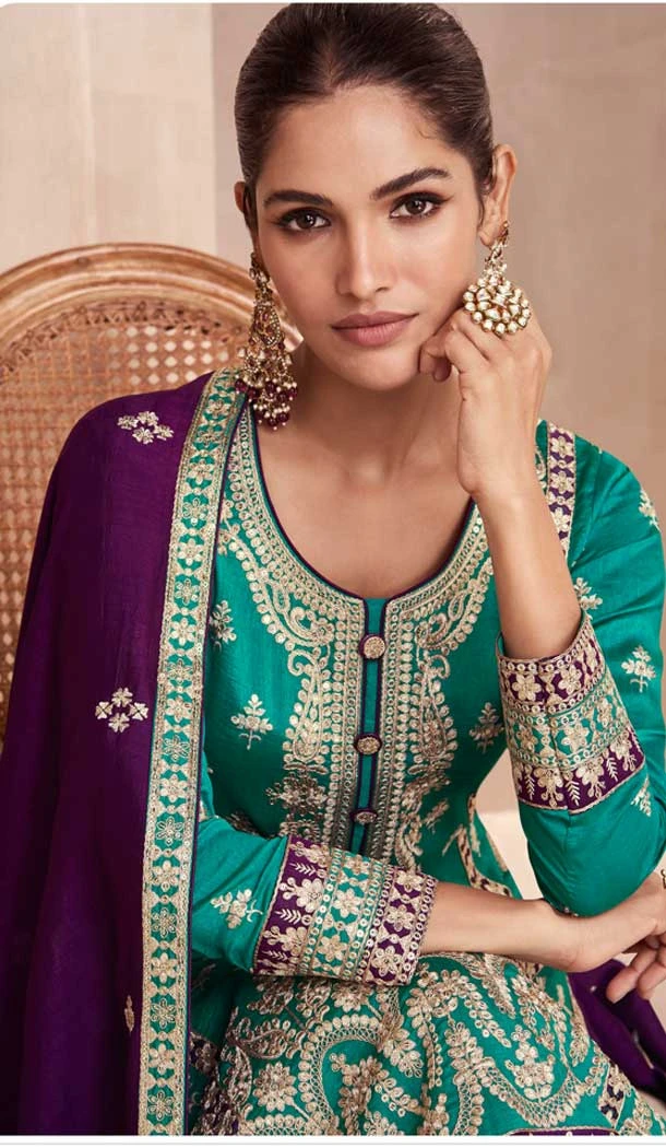 Silk Embroidered Pakistani Style Palazzo Salwar Suit In Teal Blue - 95671888080