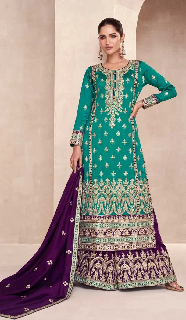 Silk Embroidered Pakistani Style Palazzo Salwar Suit In Teal Blue - 95671888080