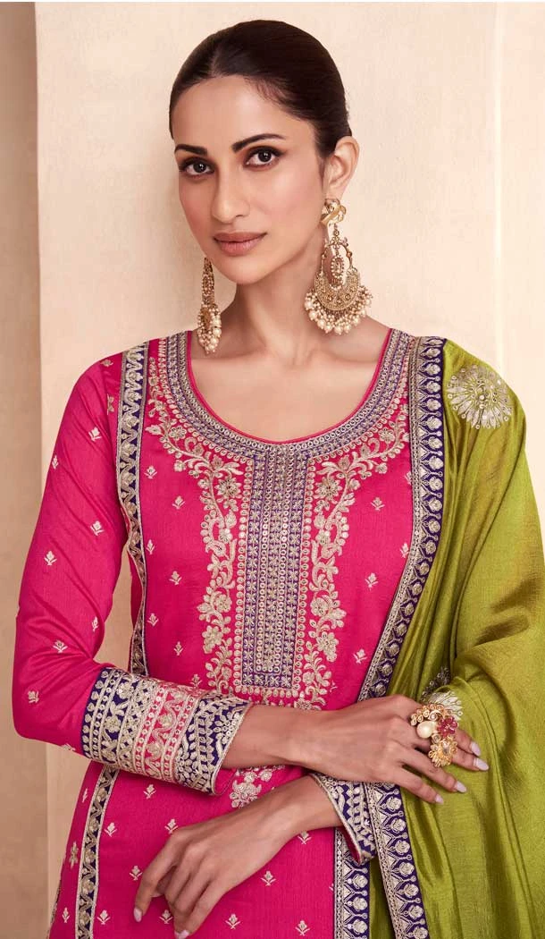 Silk Embroidered Pakistani Style Palazzo Salwar Suit In Fuchsia Pink - 95671888081