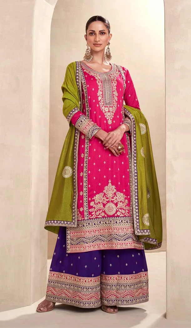 Silk Embroidered Pakistani Style Palazzo Salwar Suit In Fuchsia Pink - 95671888081