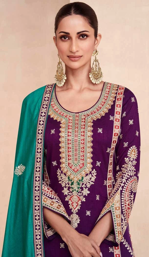 Silk Embroidered Pakistani Style Palazzo Salwar Suit In Violet- 95671888082