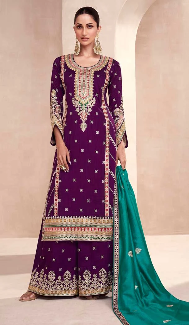 Silk Embroidered Pakistani Style Palazzo Salwar Suit In Violet- 95671888082