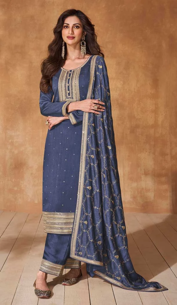 Silk Embroidery Work Readymade Salwar Suit In Steel Blue - 9568188084