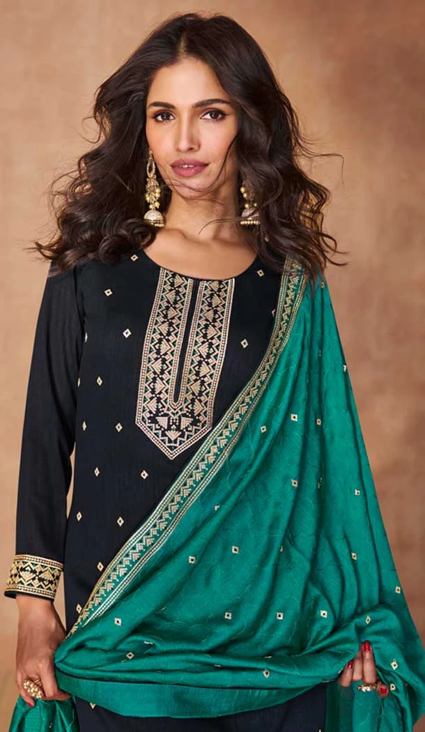 Silk Embroidery Work Readymade Salwar Suit In Navy Blue - 9568188085