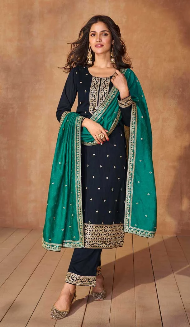 Silk Embroidery Work Readymade Salwar Suit In Navy Blue - 9568188085