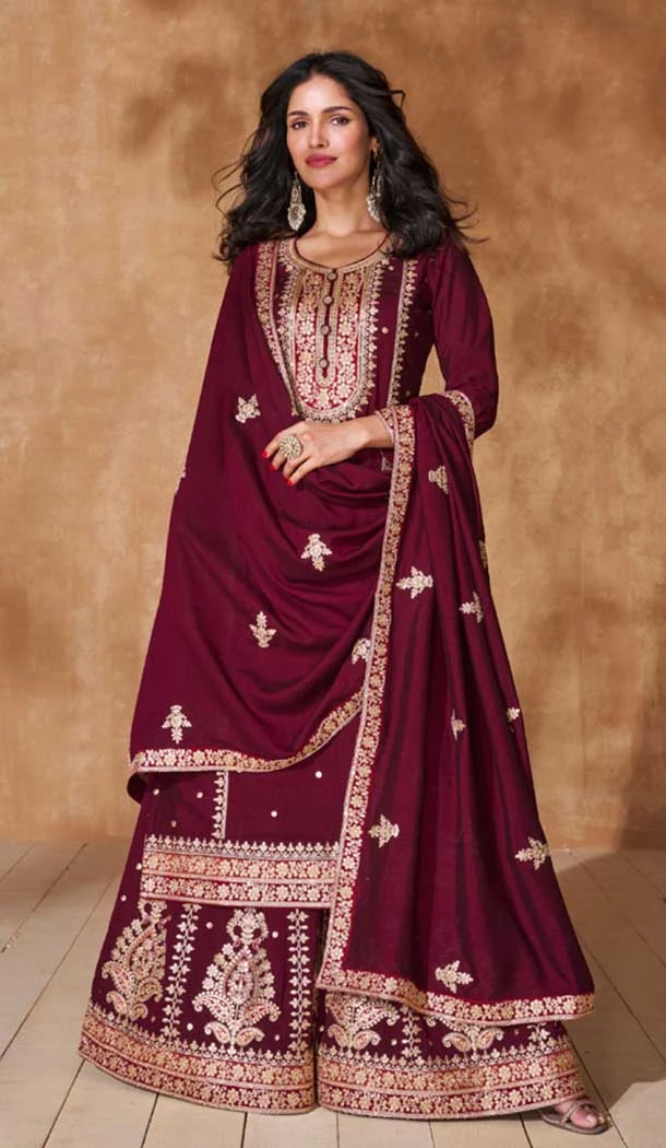 Red Silk Embroidery Work Party Wear Palazzo Salwar Suit - 9569188086