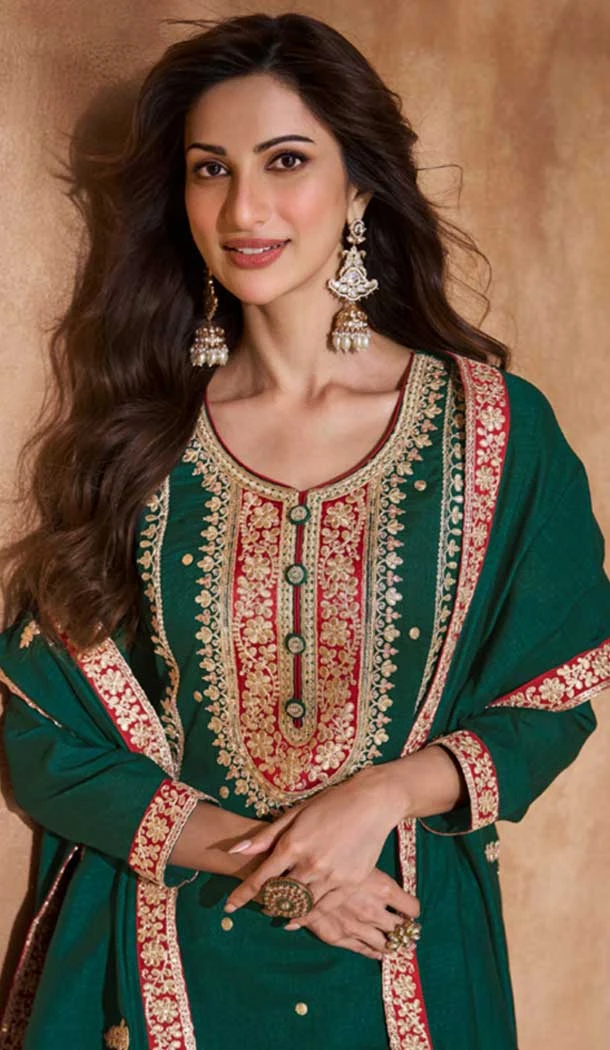 Green Silk Embroidery Work Party Wear Palazzo Salwar Suit - 9569188087