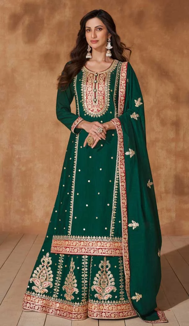 Green Silk Embroidery Work Party Wear Palazzo Salwar Suit - 9569188087