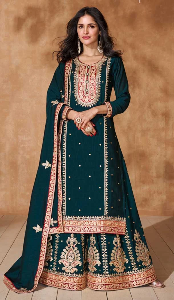Teal Green Silk Embroidery Work Party Wear Palazzo Salwar Suit - 9569188088