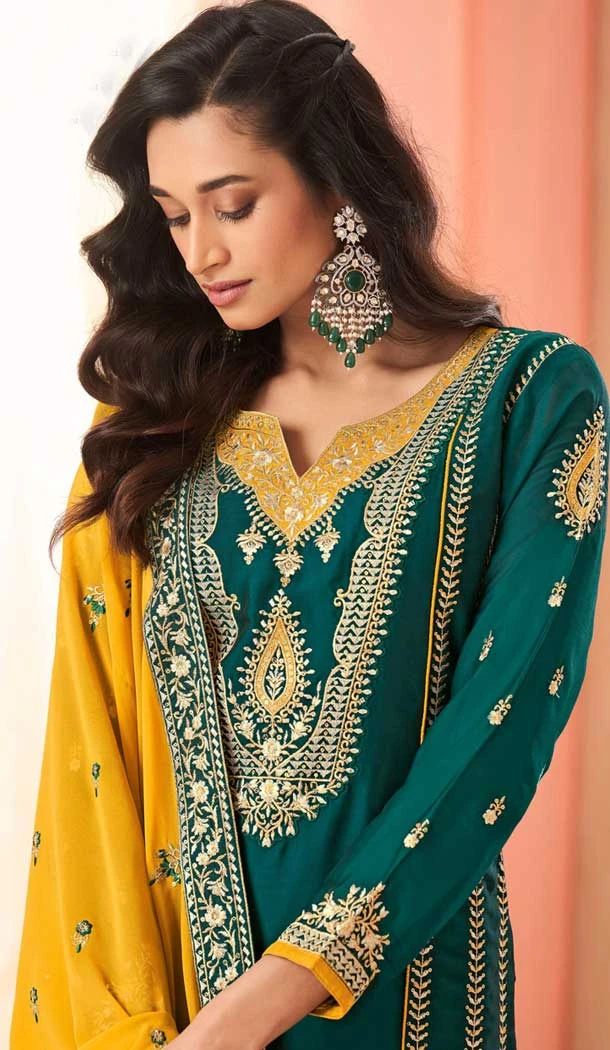 Rama Teal Green Silk Embroidered Pakistani Palazzo Salwar Suit - 9583188170