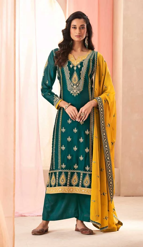 Rama Teal Green Silk Embroidered Pakistani Palazzo Salwar Suit - 9583188170