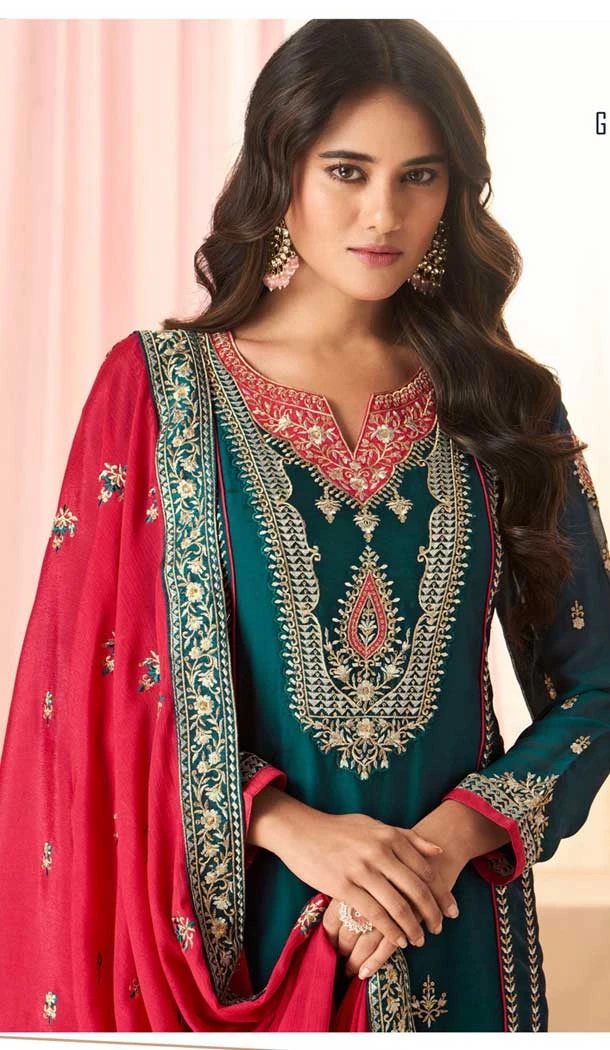 Silk Embroidered Pakistani Palazzo Salwar Suit Teal Blue - 9583188171