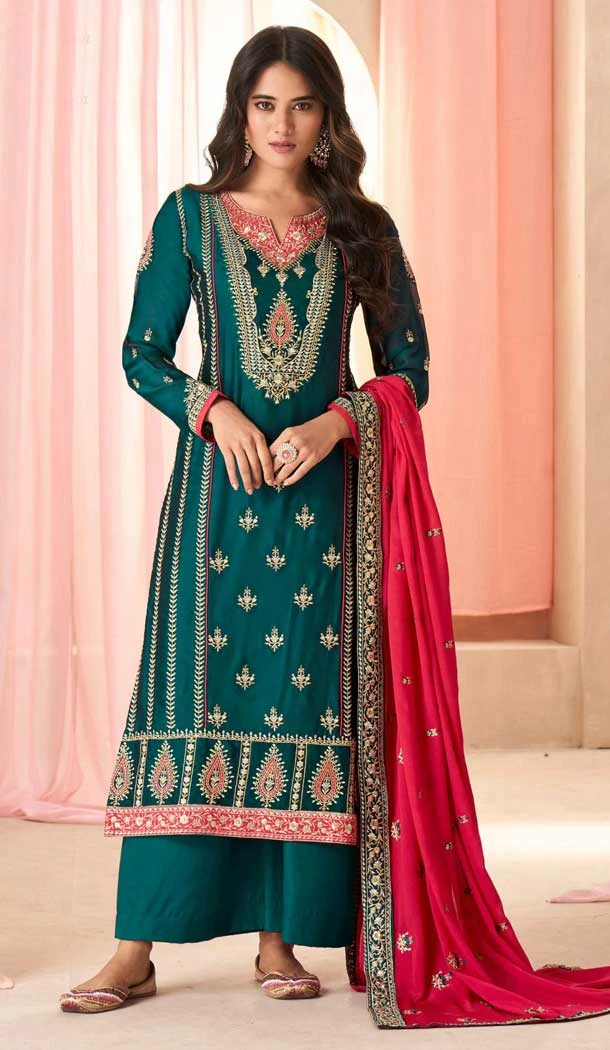 Silk Embroidered Pakistani Palazzo Salwar Suit Teal Blue - 9583188171