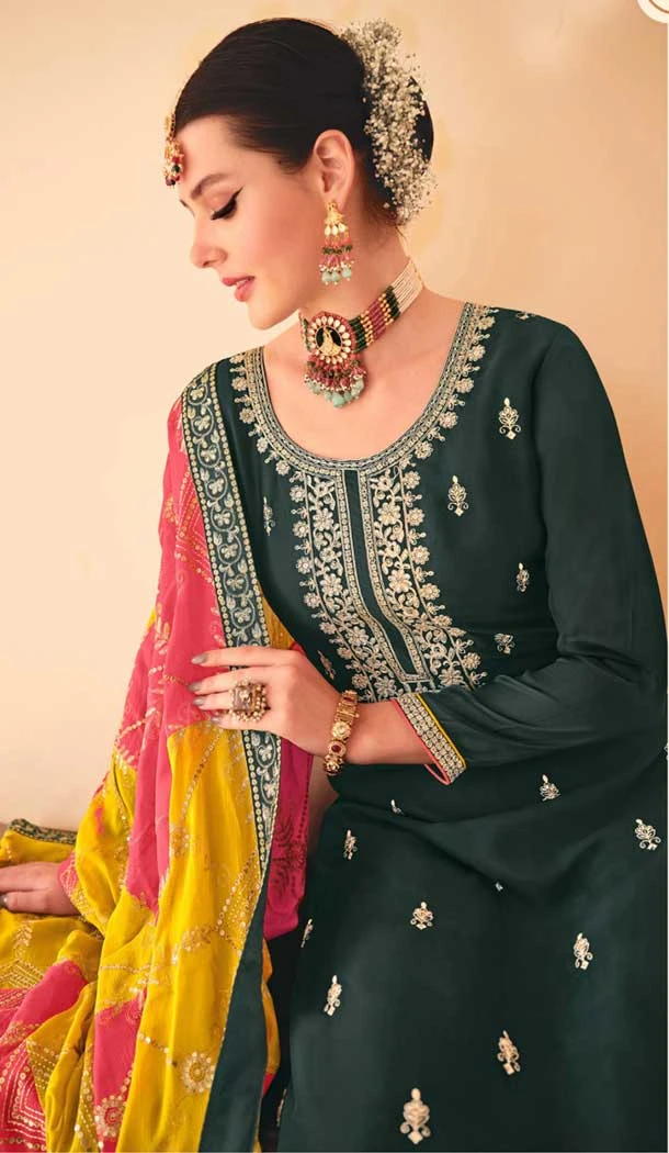 Chinnon Embroidered Designer Wear Salwar Suit In Olive Green - 9584188172