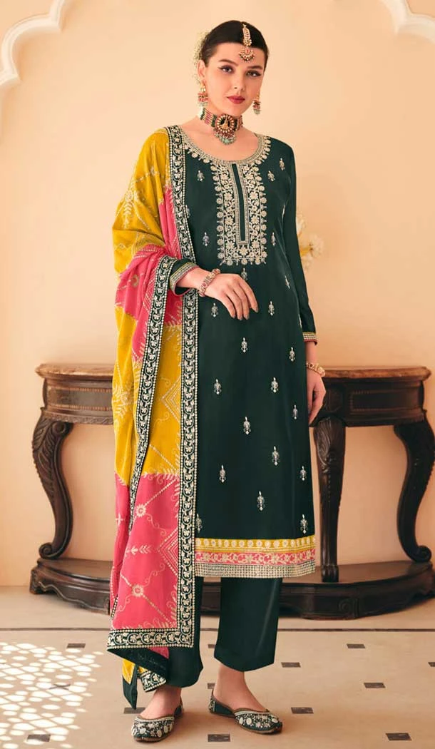 Chinnon Embroidered Designer Wear Salwar Suit In Olive Green - 9584188172