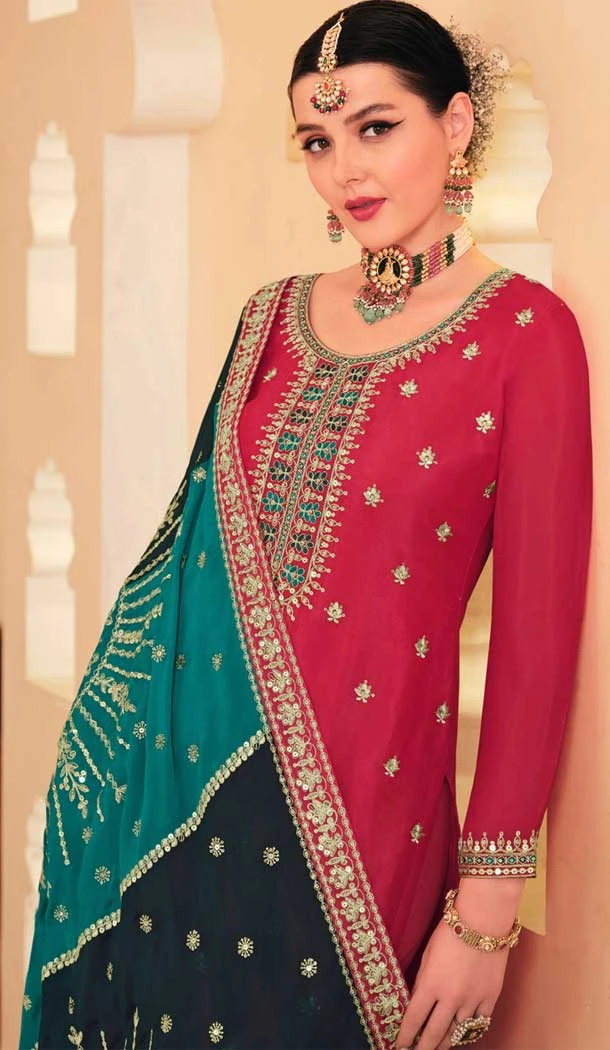Chinnon Embroidered Designer Wear Salwar Suit In Rusk Pink Red - 9584188173