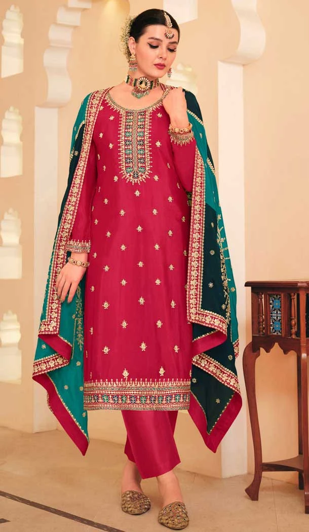 Chinnon Embroidered Designer Wear Salwar Suit In Rusk Pink Red - 9584188173