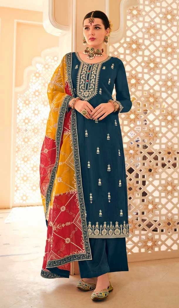 Chinnon Embroidered Designer Wear Salwar Suit In Rama Teal Blue - 9584188174