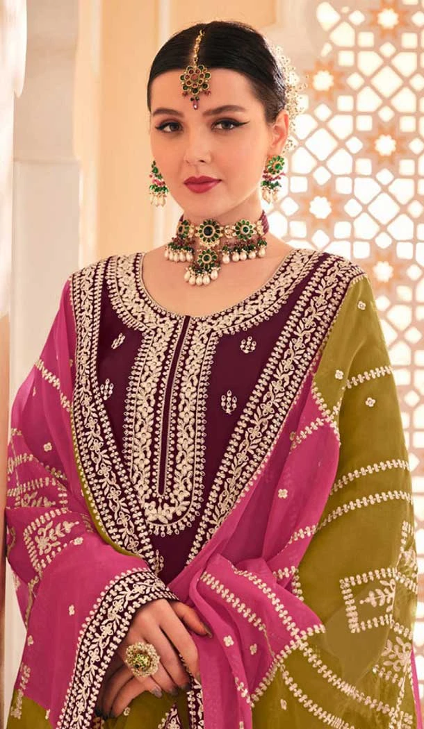 Chinnon Embroidered Designer Wear Salwar Suit In Magenta Wine - 9584188175