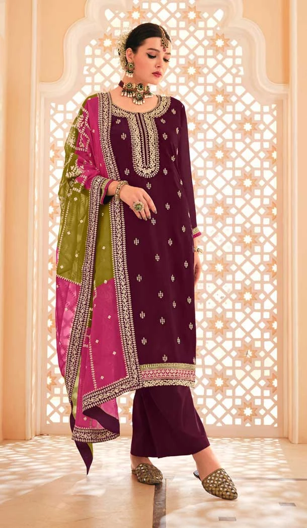 Chinnon Embroidered Designer Wear Salwar Suit In Magenta Wine - 9584188175