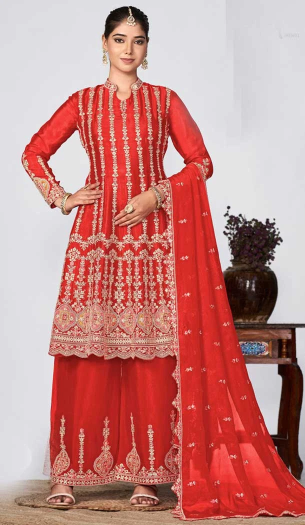 Red Chinon Embroidery Work Designer Wear Palazzo Salwar Suit - 9585188176