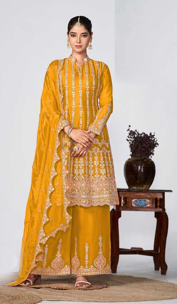 Yellow Chinon Embroidery Work Designer Wear Palazzo Salwar Suit - 9585188177
