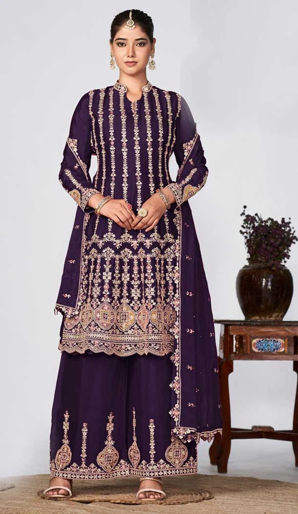 Dark Violet Chinon Embroidery Work Designer Wear Palazzo Salwar Suit - 9585188178