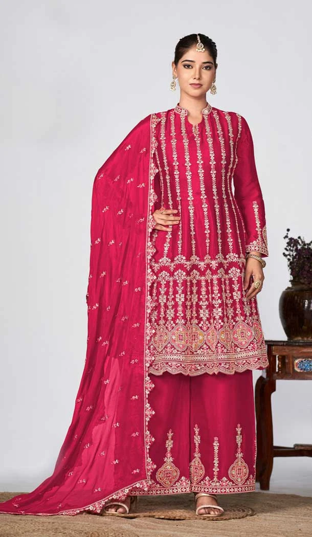 Deep Pink Embroidery Work Designer Wear Palazzo Salwar Suit - 9585188179