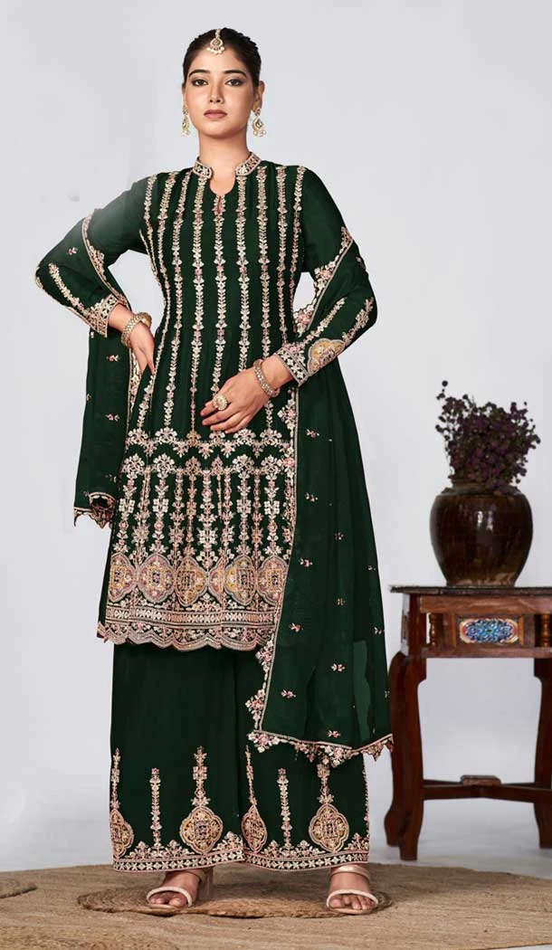 Rama Green Chinon Embroidery Work Designer Wear Palazzo Salwar Suit - 9585188180