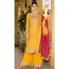 Chinon Bandhani Printed Party Wear Plus Size Palazzo Salwar Kameez In Yellow - 146911236
