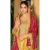 Chinon Bandhani Printed Party Wear Plus Size Palazzo Salwar Kameez In Yellow - 146911236