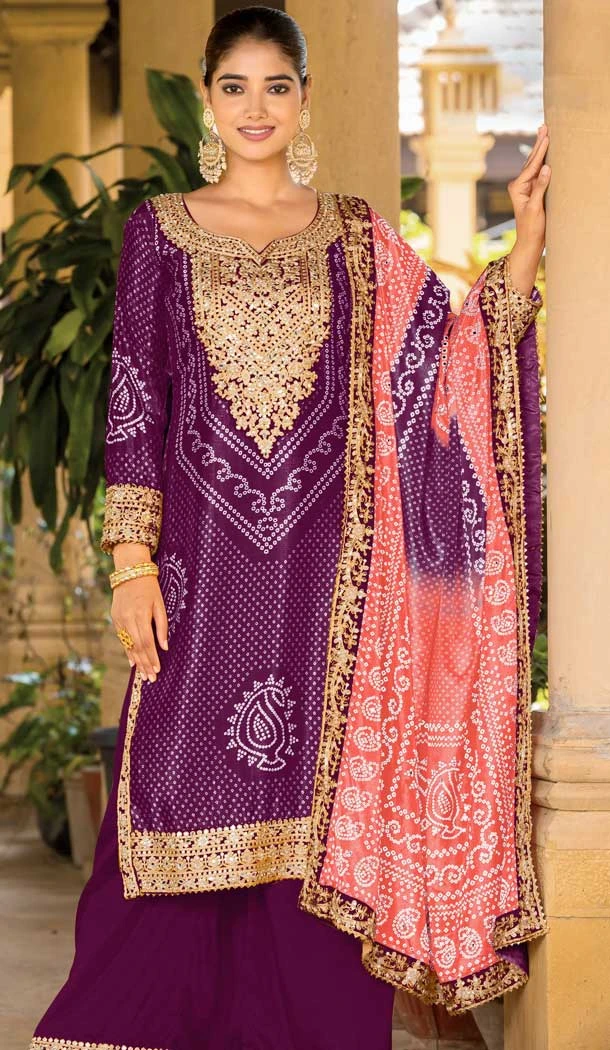 Chinon Bandhani Printed Party Wear Palazzo Salwar Kameez In Purple - 146911237