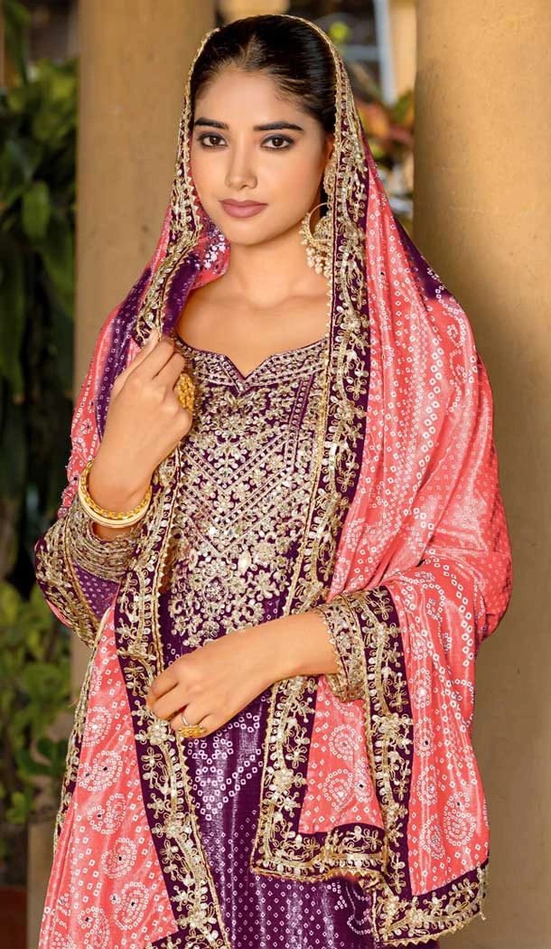 Chinon Bandhani Printed Party Wear Palazzo Salwar Kameez In Purple - 146911237