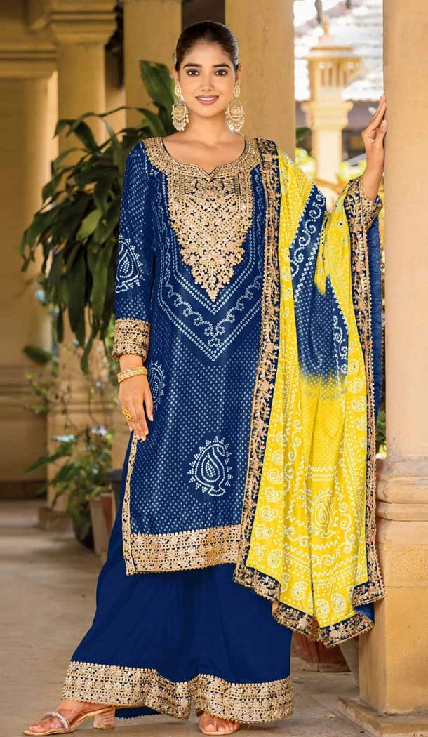 Chinon Bandhani Printed Party Wear Palazzo Salwar Kameez In Blue - 146911240