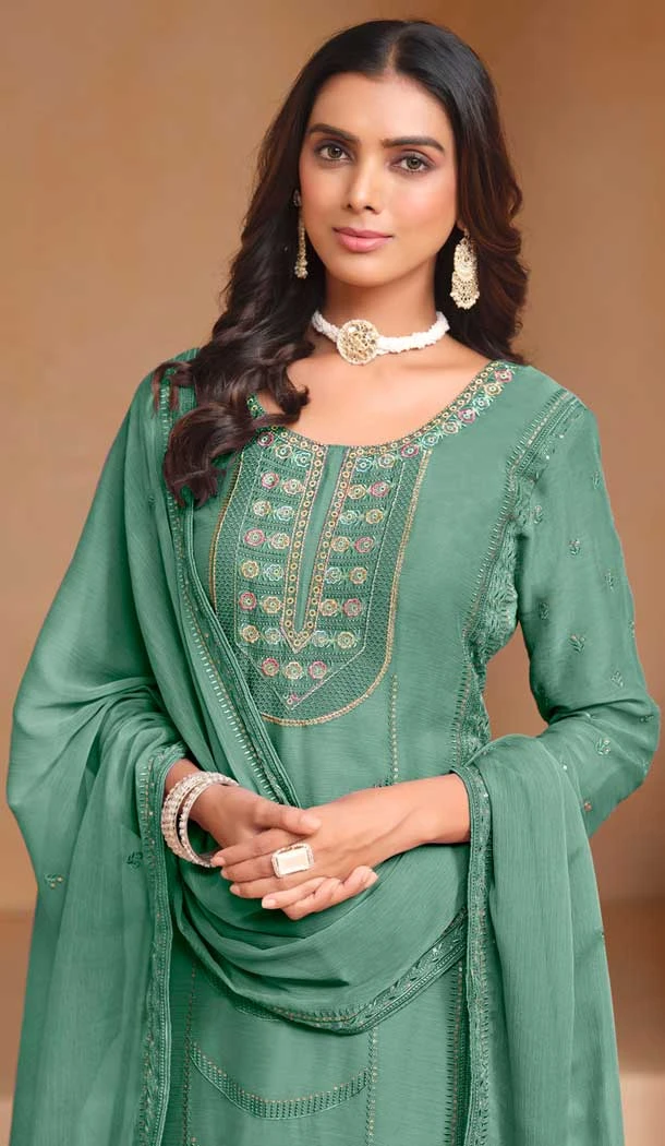 Green Organza Chiffon Embroidered Party Wear Salwar Suit - 147001293