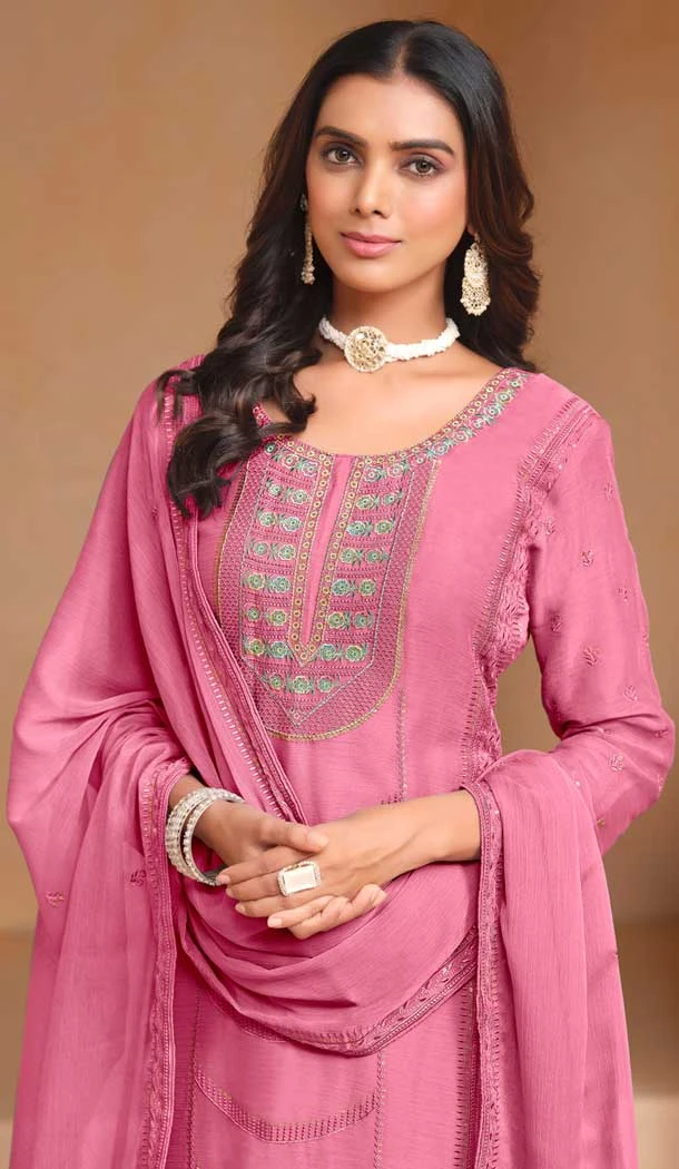 Pink Organza Chiffon Embroidered Party Wear Salwar Suit - 147001294