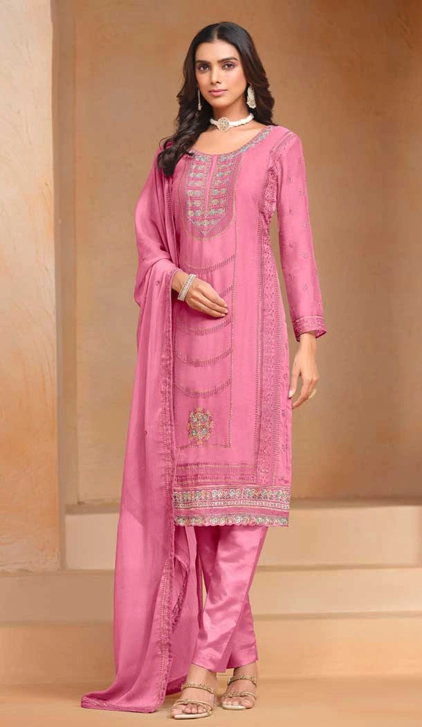 Pink Organza Chiffon Embroidered Party Wear Salwar Suit - 147001294