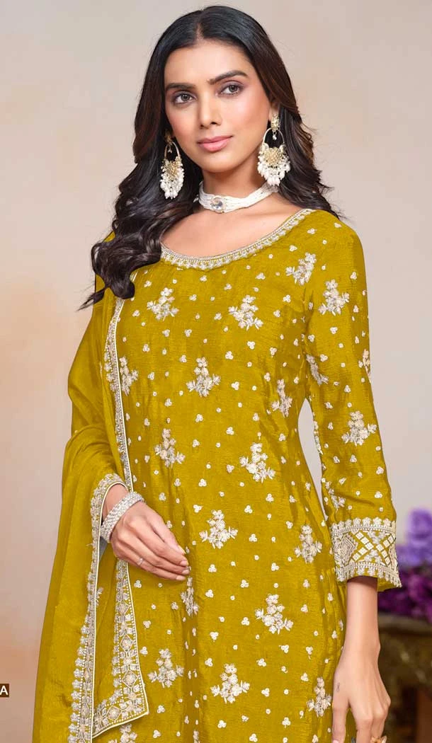 Chinon Sequin Embroidered Party Wear Palazzo Salwar Suit In Yellow - 147201403